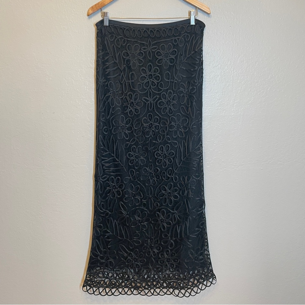 VTG 1990s Carole Little Silk Black Lace Maxi Skirt Floral Embroidered SZ 10